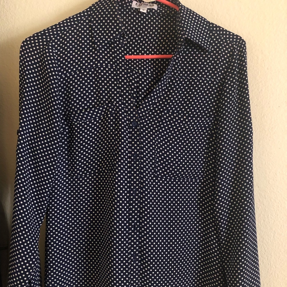 NAVY AND WHITE POLKA DOT DRESS SHIRT